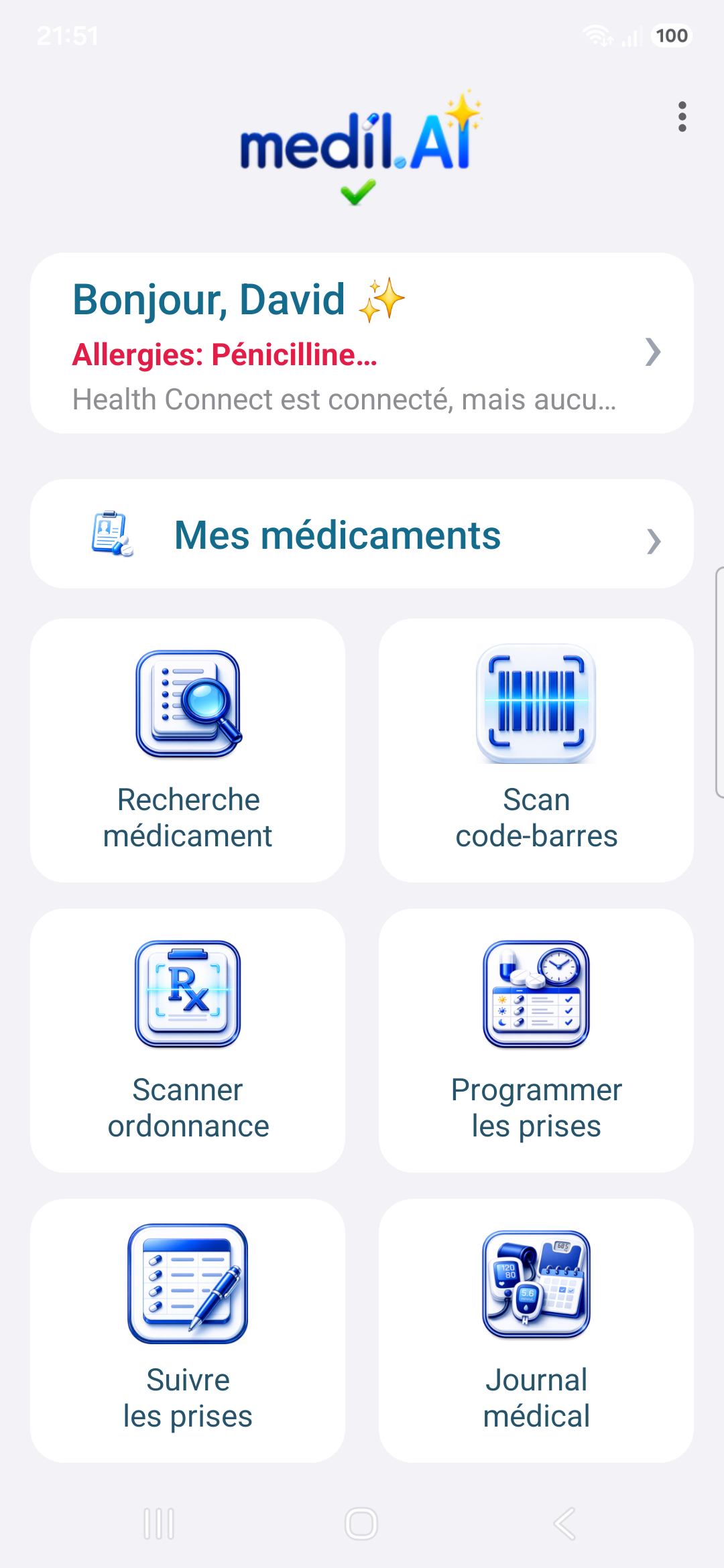 Écran d’accueil de Medil AI